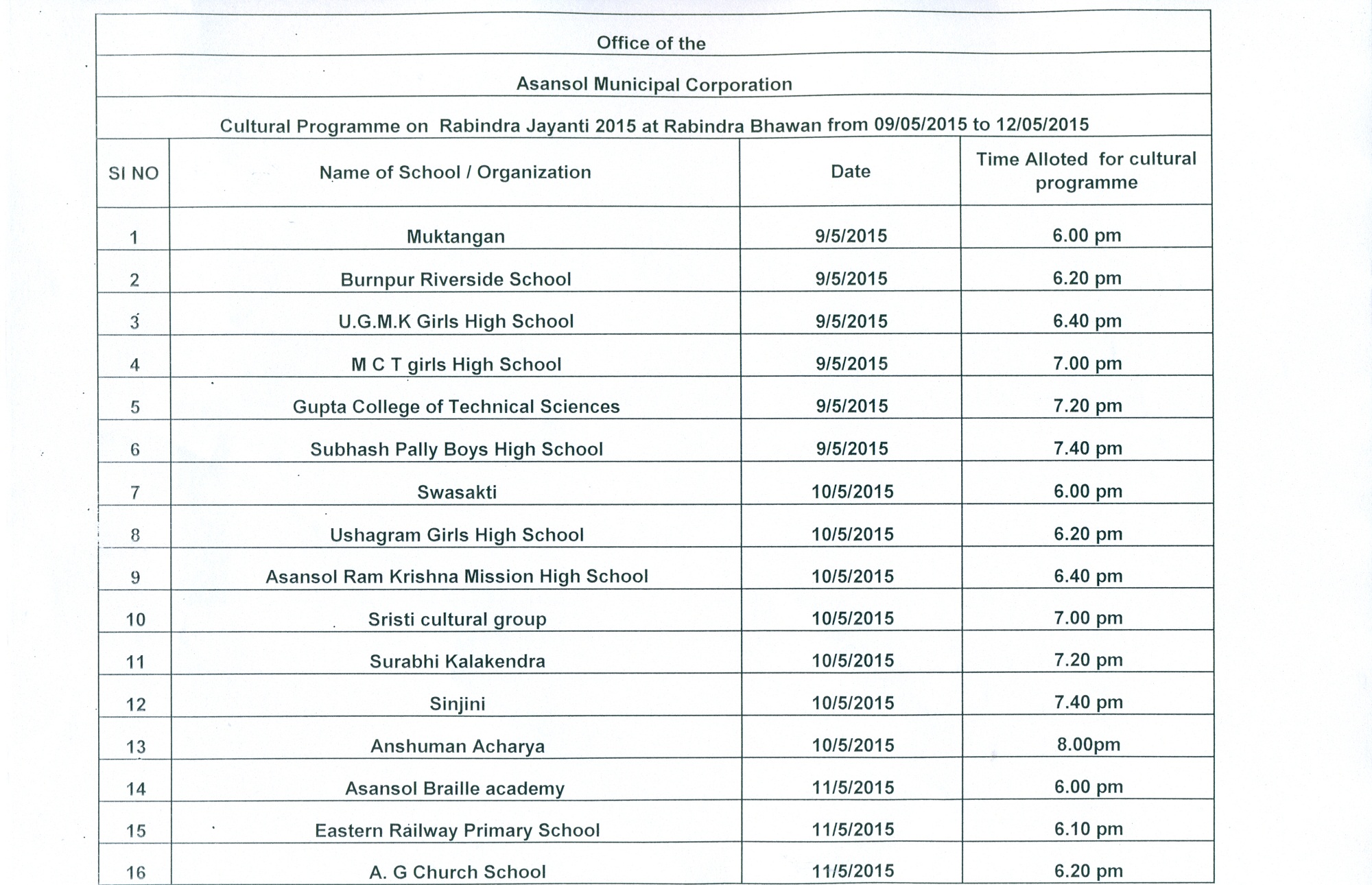 schedule for rabindranath thakur 1